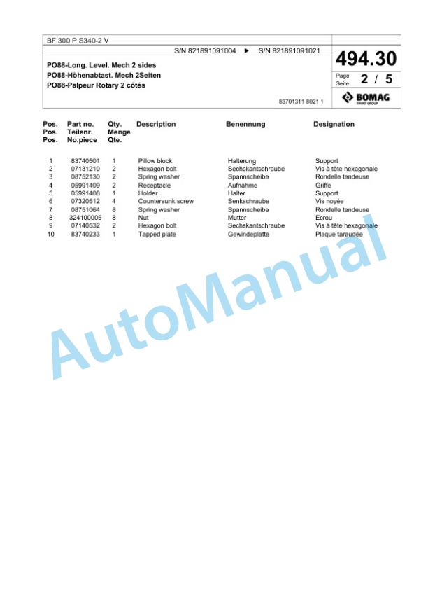 Bomag BF 300 P S340-2 V Paver Spare Parts Catalogue 00800763 4 Bomag BF 300 P S340-2 V Paver Spare Parts Catalogue 00800763-4