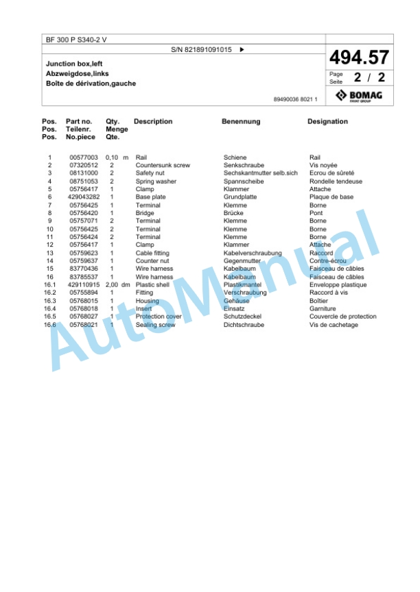 Bomag BF 300 P S340-2 V Paver Spare Parts Catalogue 00800763 5 Bomag BF 300 P S340-2 V Paver Spare Parts Catalogue 00800763-5