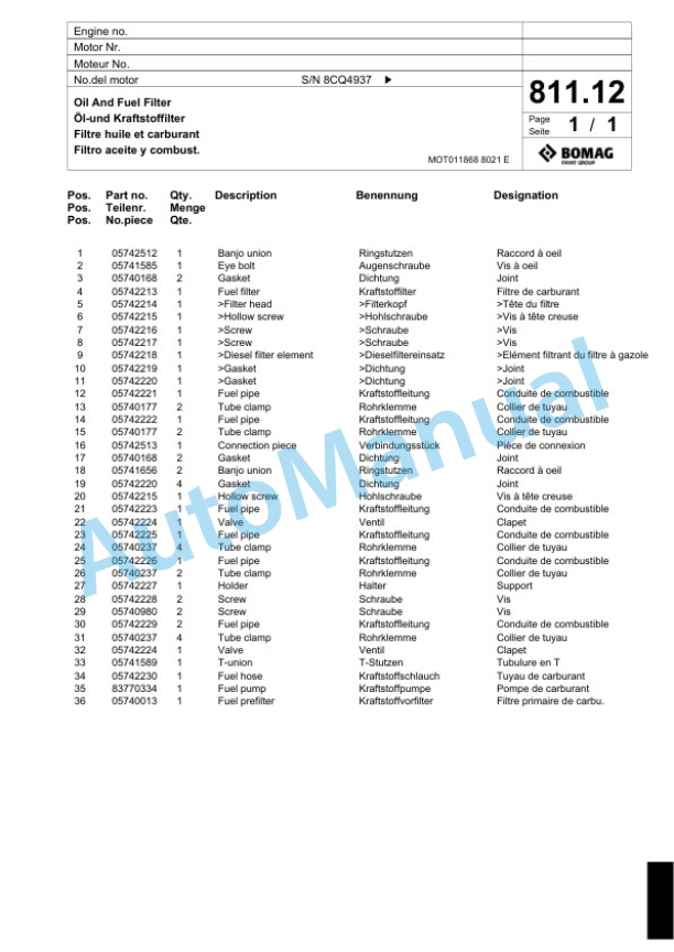 Bomag BF 300 P S340 TV Paver Spare Parts Catalogue 00824187 5 Bomag BF 300 P S340 TV Paver Spare Parts Catalogue 00824187-5