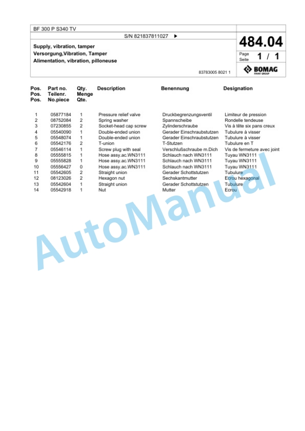 Bomag BF 300 P S340 TV Paver Spare Parts Catalogue 00824235 2 Bomag BF 300 P S340 TV Paver Spare Parts Catalogue 00824235-2
