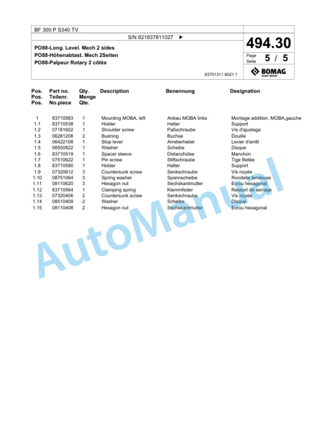 Bomag BF 300 P S340 TV Paver Spare Parts Catalogue 00824235 3 Bomag BF 300 P S340 TV Paver Spare Parts Catalogue 00824235-3