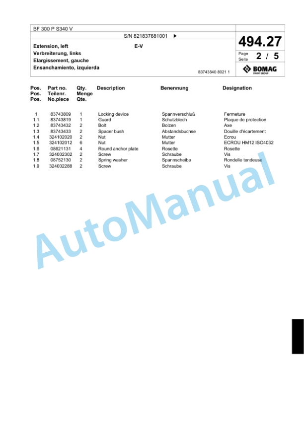 Bomag BF 300 P S340 V Paver Spare Parts Catalogue 00800711 3 Bomag BF 300 P S340 V Paver Spare Parts Catalogue 00800711-3