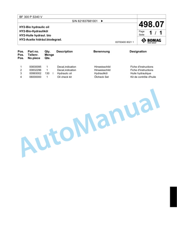 Bomag BF 300 P S340 V Paver Spare Parts Catalogue 00800711 5 Bomag BF 300 P S340 V Paver Spare Parts Catalogue 00800711-5