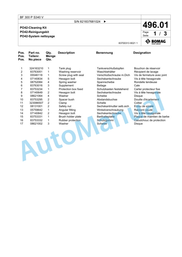 Bomag BF 300 P S340 V Paver Spare Parts Catalogue 00824231 4 Bomag BF 300 P S340 V Paver Spare Parts Catalogue 00824231-4