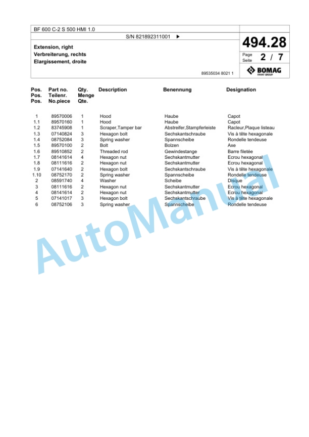 Bomag BF 600 C-2 S 500 HMI 1.0 Paver Spare Parts Catalogue 00825905 2 Bomag BF 600 C-2 S 500 HMI 1.0 Paver Spare Parts Catalogue 00825905-2