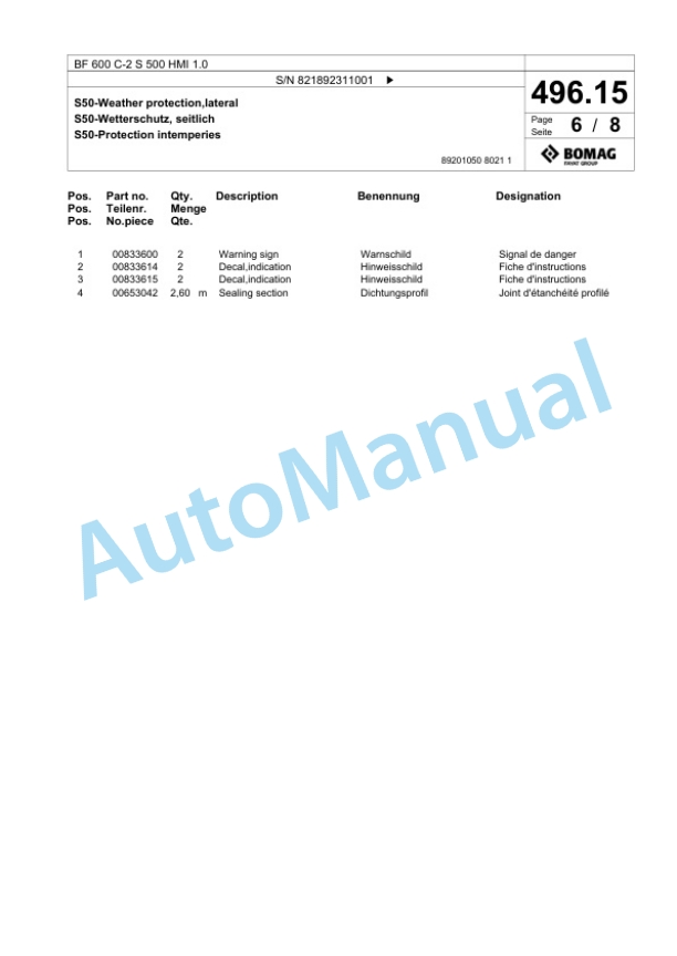 Bomag BF 600 C-2 S 500 HMI 1.0 Paver Spare Parts Catalogue 00825905 4 Bomag BF 600 C-2 S 500 HMI 1.0 Paver Spare Parts Catalogue 00825905-4