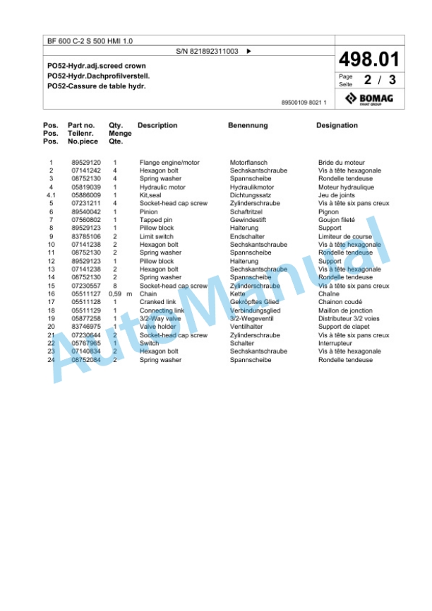 Bomag BF 600 C-2 S 500 HMI 1.0 Paver Spare Parts Catalogue 00825905 5 Bomag BF 600 C-2 S 500 HMI 1.0 Paver Spare Parts Catalogue 00825905-5