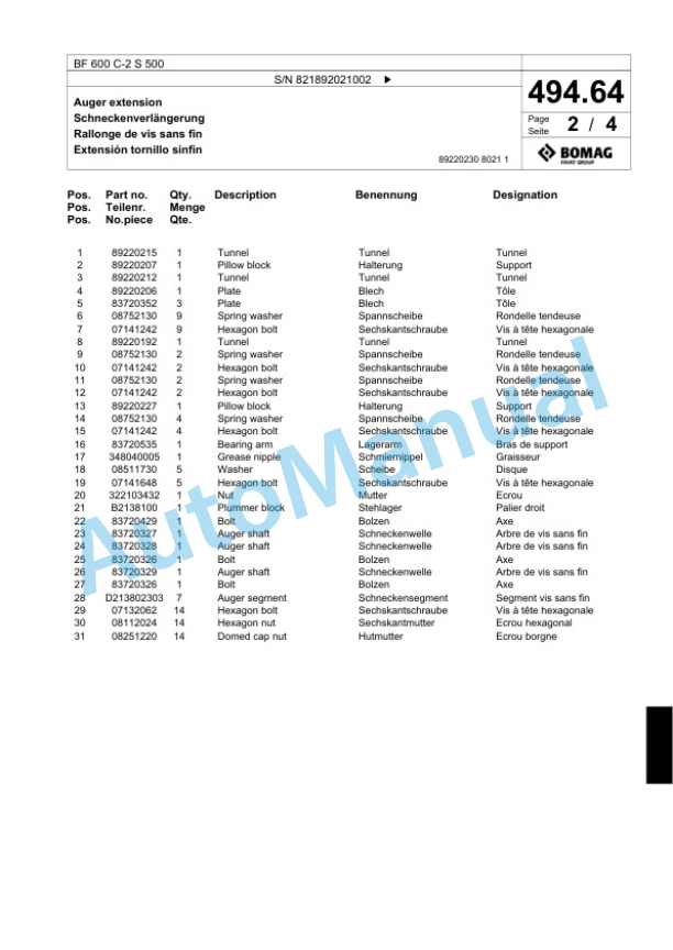 Bomag BF 600 C-2 S 500 Paver Spare Parts Catalogue 00824199-3