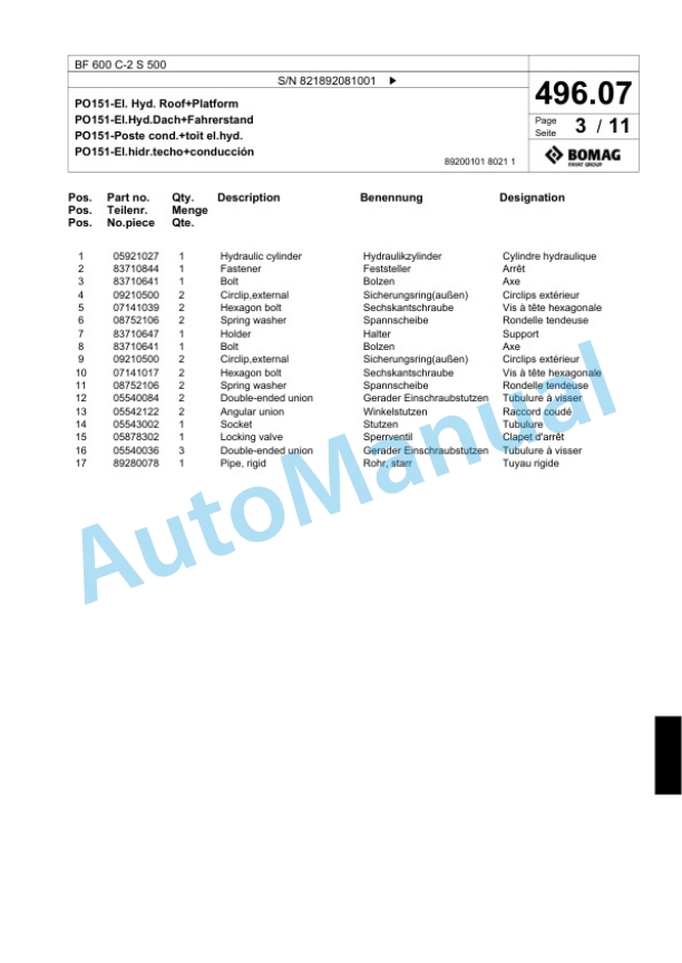 Bomag BF 600 C-2 S 500 Paver Spare Parts Catalogue 00824485-3