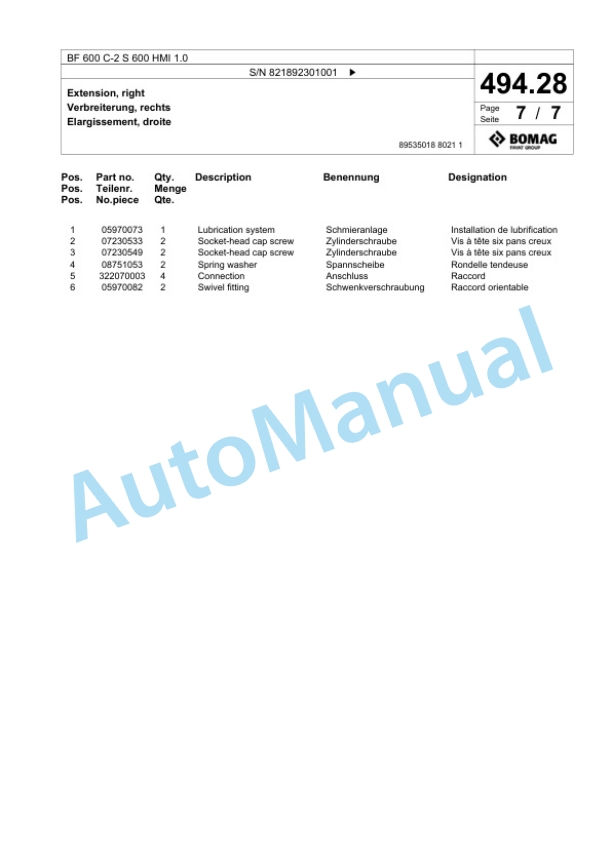 Bomag BF 600 C-2 S 600 HMI 1.0 Paver Spare Parts Catalogue 00825903 2 Bomag BF 600 C-2 S 600 HMI 1.0 Paver Spare Parts Catalogue 00825903-2
