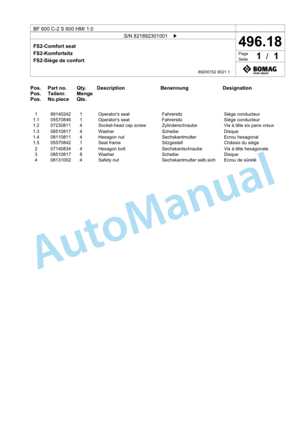 Bomag BF 600 C-2 S 600 HMI 1.0 Paver Spare Parts Catalogue 00825903 4 Bomag BF 600 C-2 S 600 HMI 1.0 Paver Spare Parts Catalogue 00825903-4