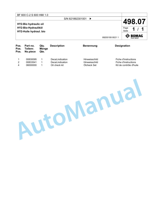 Bomag BF 600 C-2 S 600 HMI 1.0 Paver Spare Parts Catalogue 00825903 5 Bomag BF 600 C-2 S 600 HMI 1.0 Paver Spare Parts Catalogue 00825903-5