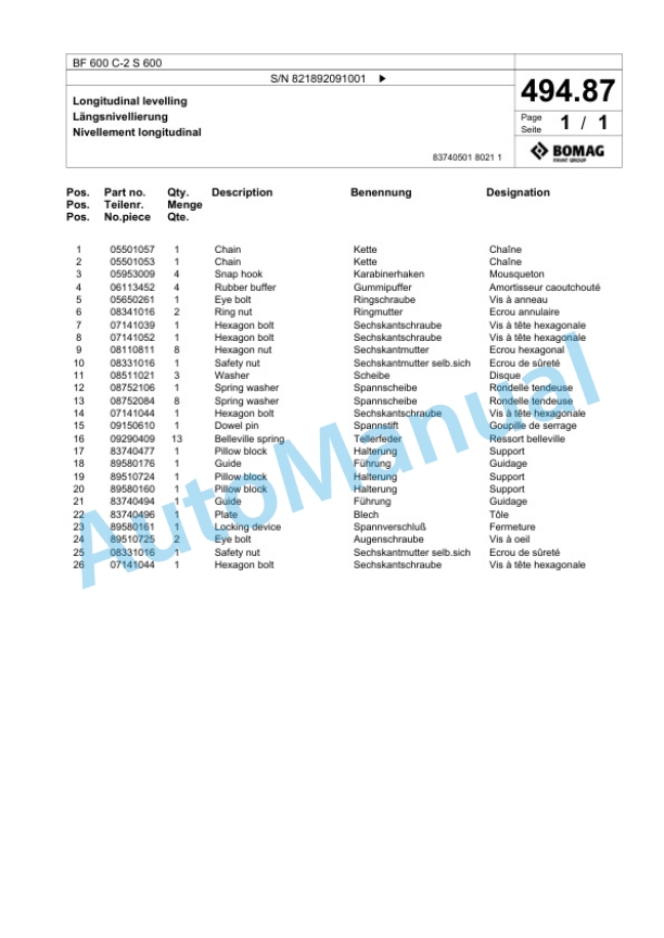 Bomag BF 600 C-2 S 600 Paver Spare Parts Catalogue 00824487-3