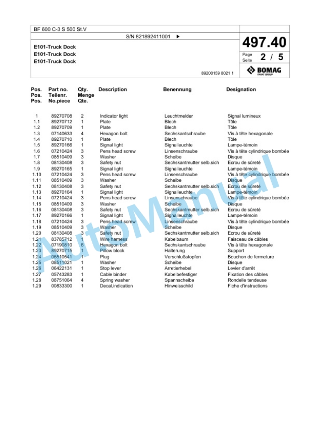 Bomag BF 600 C-3 S 500 St.V Paver Spare Parts Catalogue 00826349 4 Bomag BF 600 C-3 S 500 St.V Paver Spare Parts Catalogue 00826349-4