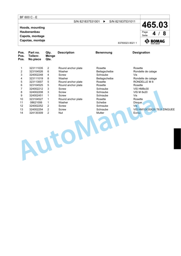 Bomag BF 600 C - E Paver Spare Parts Catalogue 00800651 2 Bomag BF 600 C - E Paver Spare Parts Catalogue 00800651-2