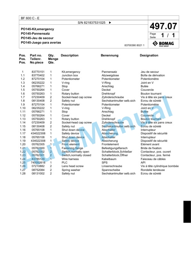 Bomag BF 600 C - E Paver Spare Parts Catalogue 00800651 4 Bomag BF 600 C - E Paver Spare Parts Catalogue 00800651-4