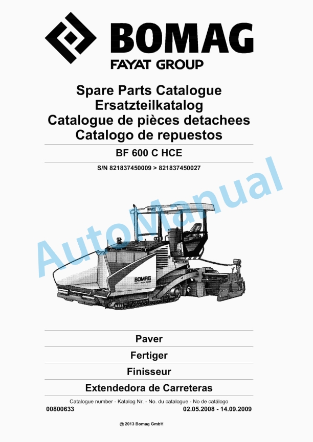 Bomag BF 600 C HCE Paver Spare Parts Catalogue 00800633