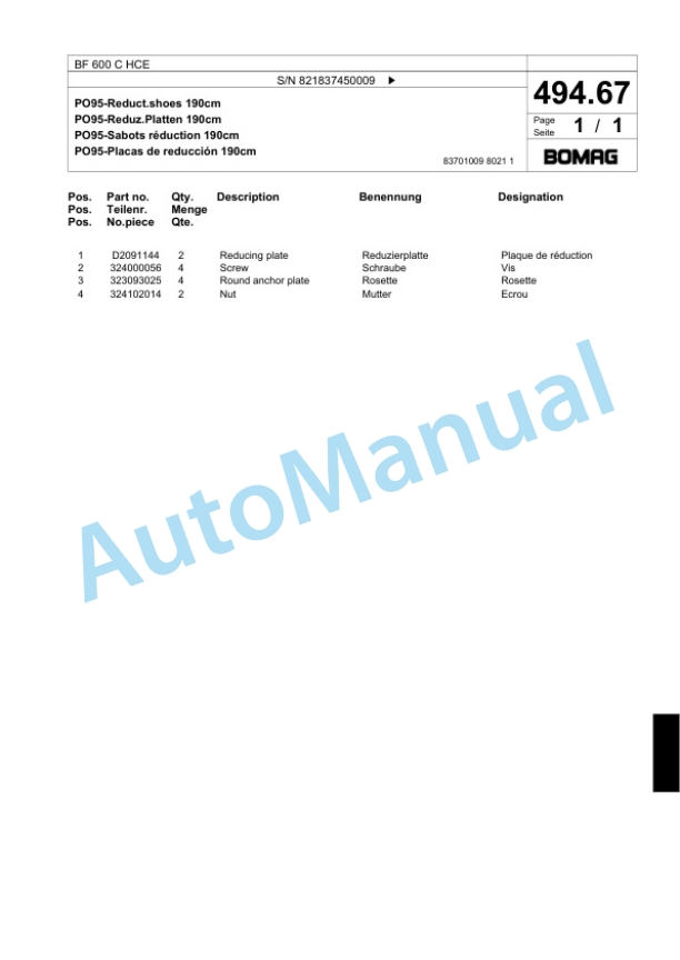 Bomag BF 600 C HCE Paver Spare Parts Catalogue 00800633 3 Bomag BF 600 C HCE Paver Spare Parts Catalogue 00800633-3