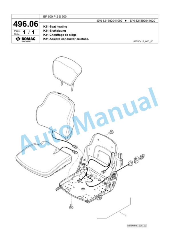 Bomag BF 600 P-2 S 500 Paver Spare Parts Catalogue 00800795-5