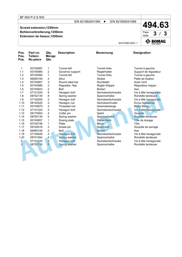Bomag BF 600 P-2 S 500 Paver Spare Parts Catalogue 00800865-4