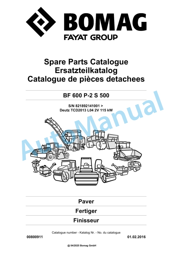 Bomag BF 600 P-2 S 500 Paver Spare Parts Catalogue 00800911