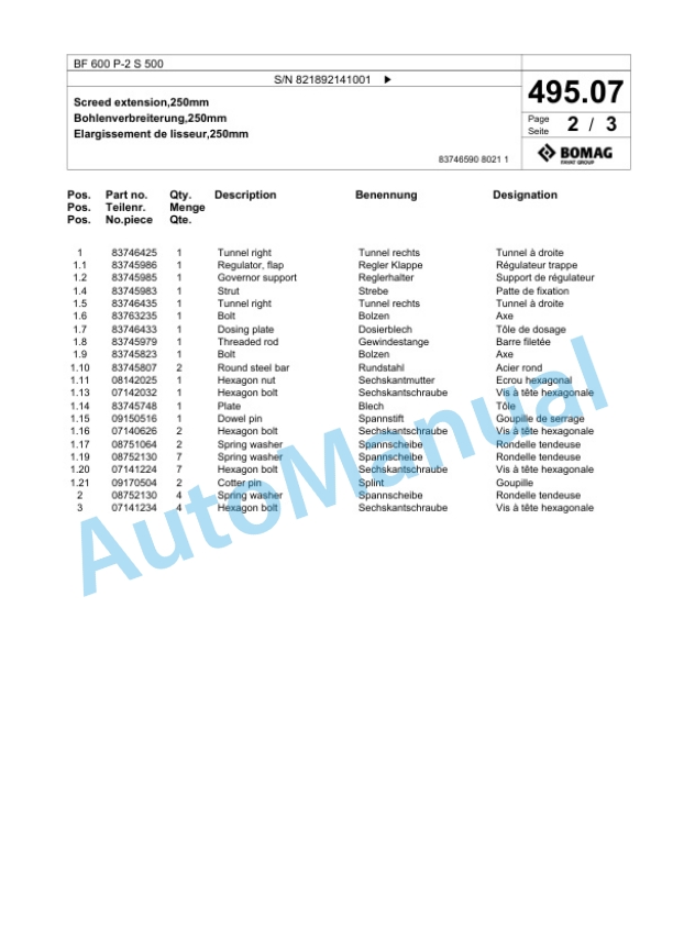 Bomag BF 600 P-2 S 500 Paver Spare Parts Catalogue 00800911-3