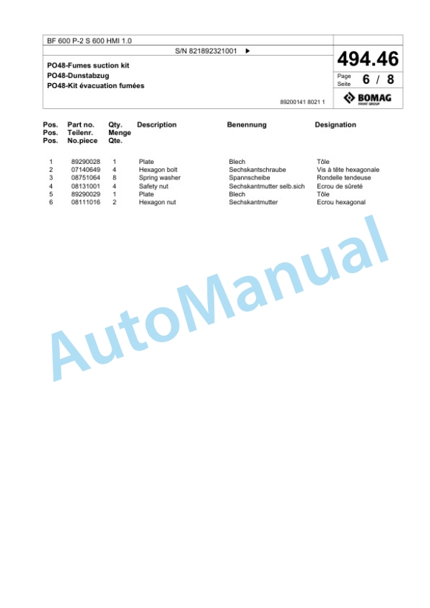 Bomag BF 600 P-2 S 600 HMI 1.0 Paver Spare Parts Catalogue 00825915 2 Bomag BF 600 P-2 S 600 HMI 1.0 Paver Spare Parts Catalogue 00825915-2