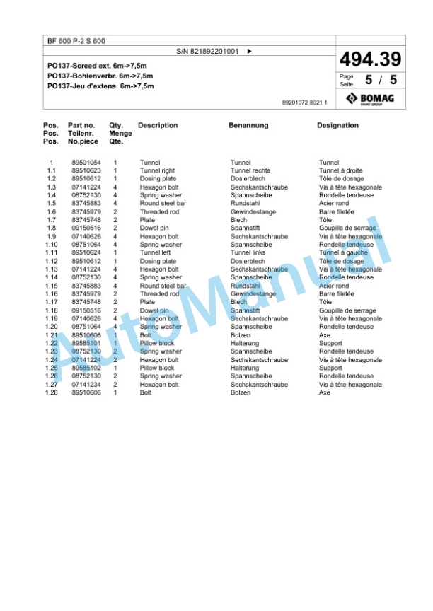 Bomag BF 600 P-2 S 600 Paver Spare Parts Catalogue 00800949-2