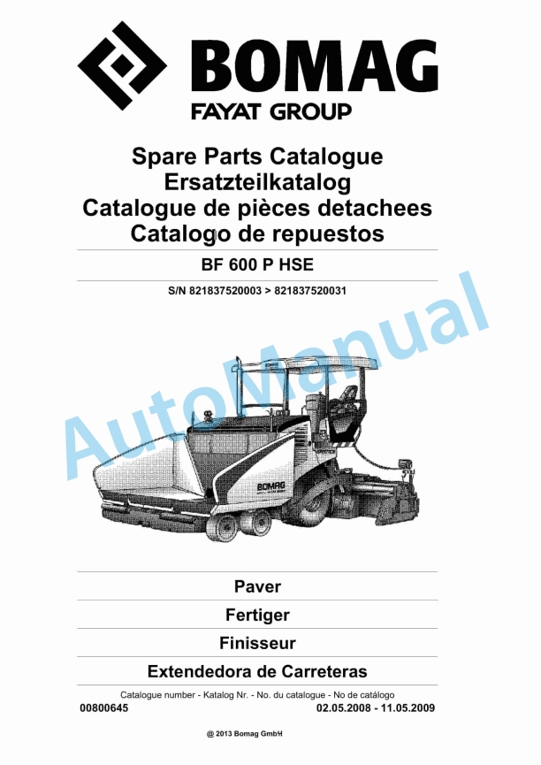 Bomag BF 600 P HSE Paver Spare Parts Catalogue 00800645