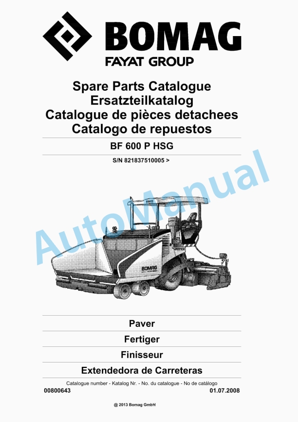 Bomag BF 600 P HSG Paver Spare Parts Catalogue 00800643