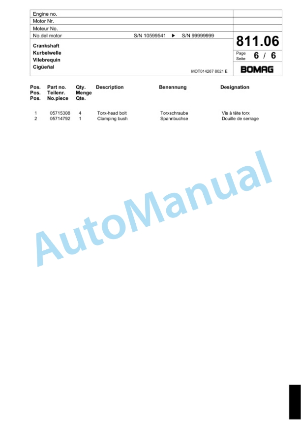 Bomag BF 600 P HSG Paver Spare Parts Catalogue 00800643-3