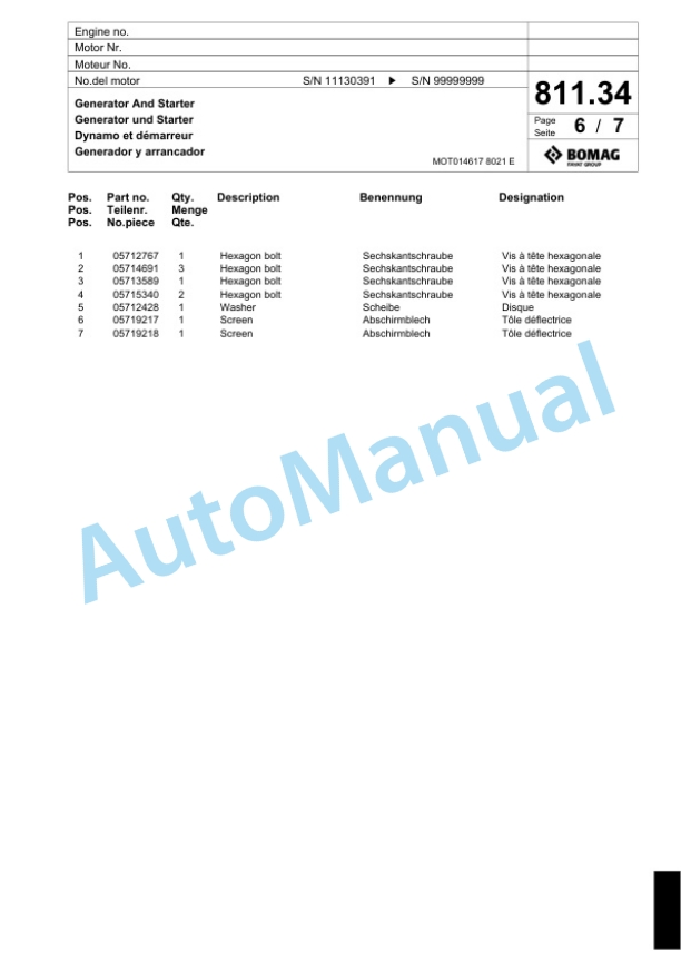 Bomag BF 600C HCE Paver Spare Parts Catalogue 00800725-4