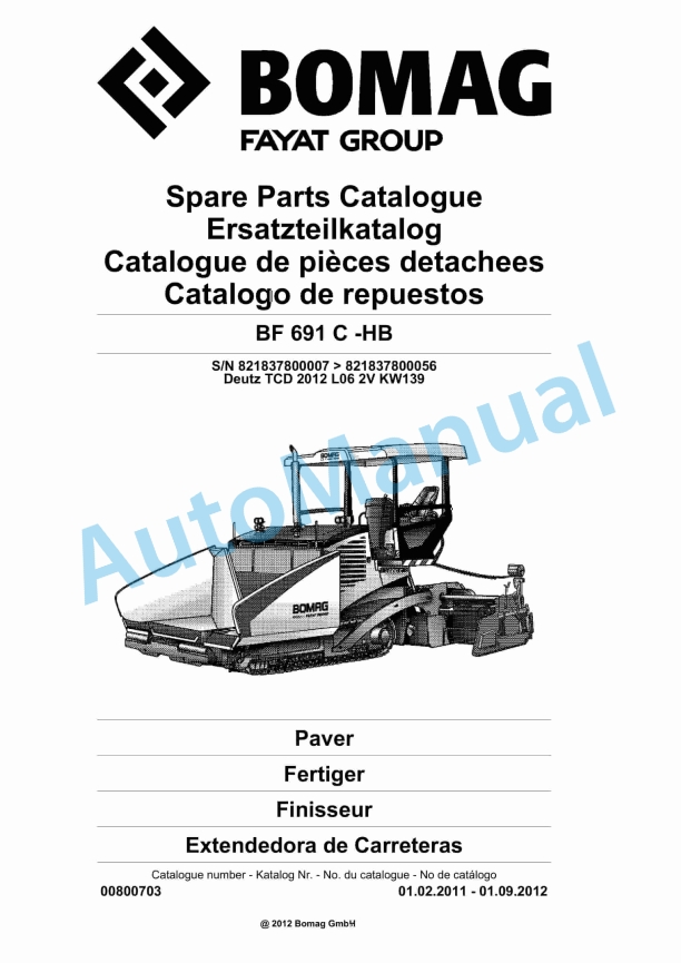 Bomag BF 691 C -HB Paver Spare Parts Catalogue 00800703