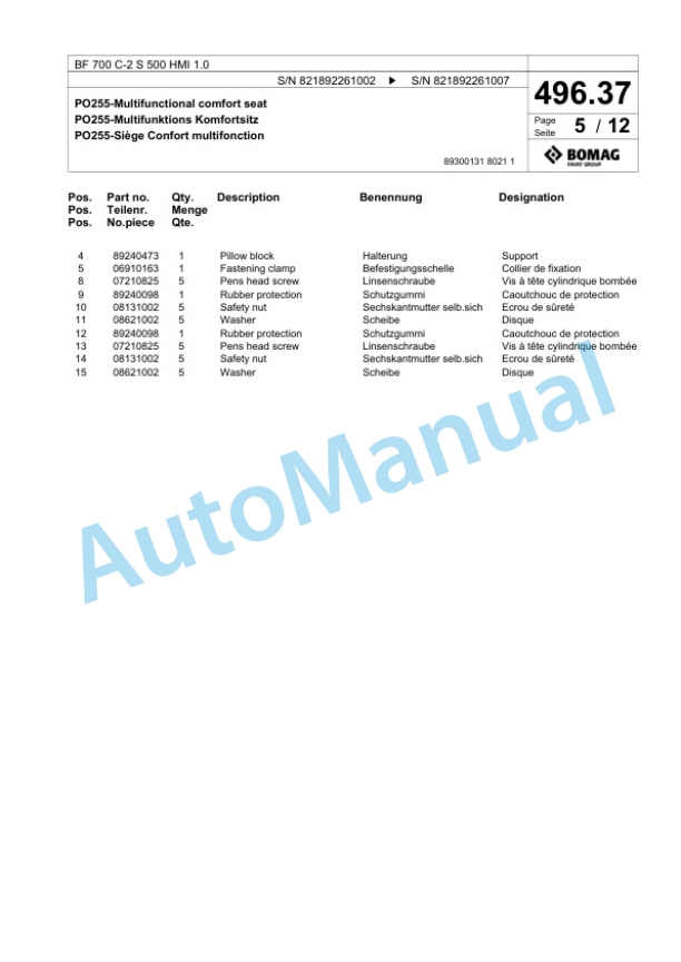 Bomag BF 700 C-2 S 500 HMI 1.0 Paver Spare Parts Catalogue 00825909 4 Bomag BF 700 C-2 S 500 HMI 1.0 Paver Spare Parts Catalogue 00825909-4