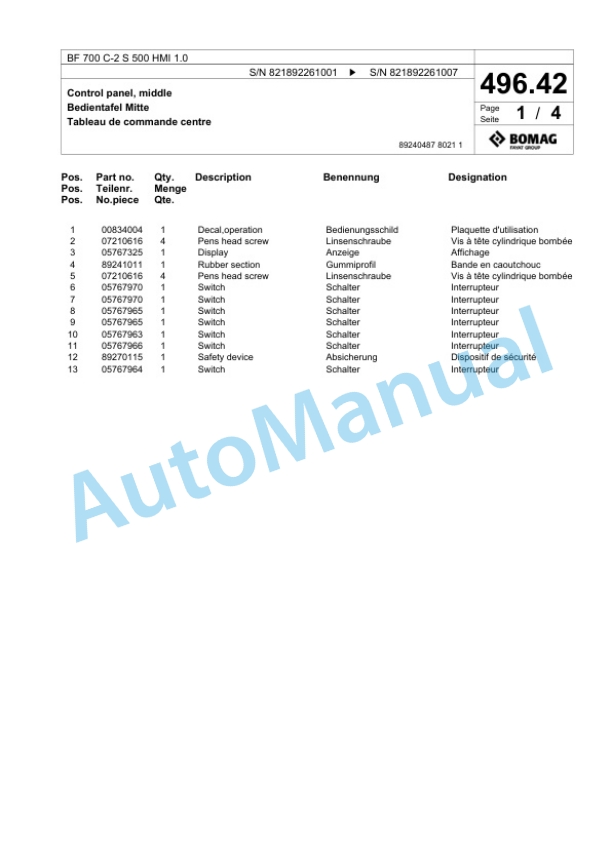 Bomag BF 700 C-2 S 500 HMI 1.0 Paver Spare Parts Catalogue 00825909 5 Bomag BF 700 C-2 S 500 HMI 1.0 Paver Spare Parts Catalogue 00825909-5