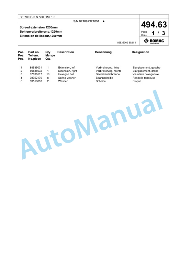Bomag BF 700 C-2 S 500 HMI 1.0 Paver Spare Parts Catalogue 00825925 2 Bomag BF 700 C-2 S 500 HMI 1.0 Paver Spare Parts Catalogue 00825925-2