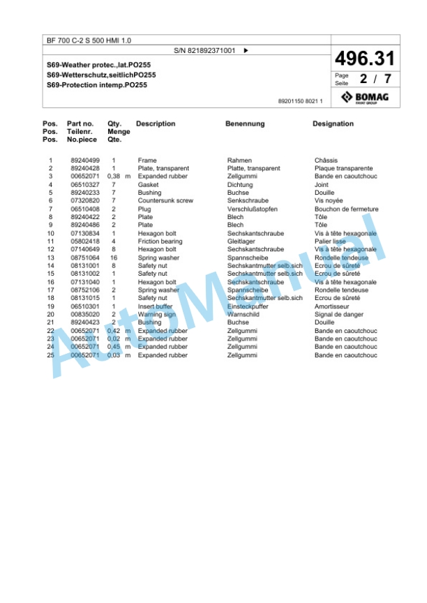 Bomag BF 700 C-2 S 500 HMI 1.0 Paver Spare Parts Catalogue 00825925 3 Bomag BF 700 C-2 S 500 HMI 1.0 Paver Spare Parts Catalogue 00825925-3