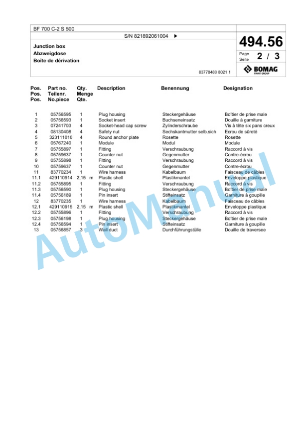 Bomag BF 700 C-2 S 500 Paver Spare Parts Catalogue 00800799 3 Bomag BF 700 C-2 S 500 Paver Spare Parts Catalogue 00800799-3