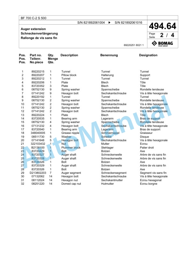 Bomag BF 700 C-2 S 500 Paver Spare Parts Catalogue 00800799 4 Bomag BF 700 C-2 S 500 Paver Spare Parts Catalogue 00800799-4