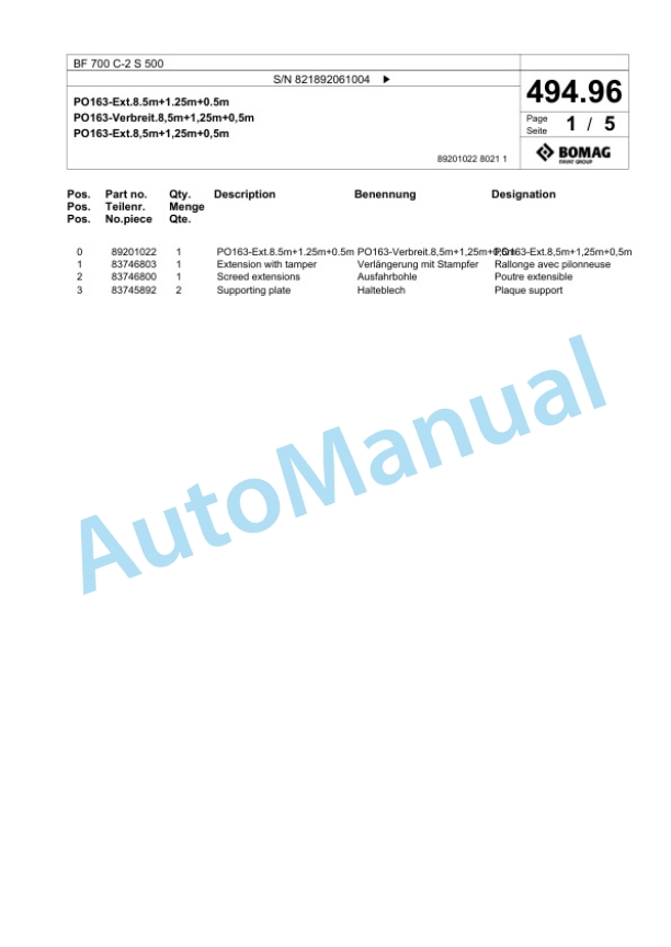 Bomag BF 700 C-2 S 500 Paver Spare Parts Catalogue 00800799 5 Bomag BF 700 C-2 S 500 Paver Spare Parts Catalogue 00800799-5