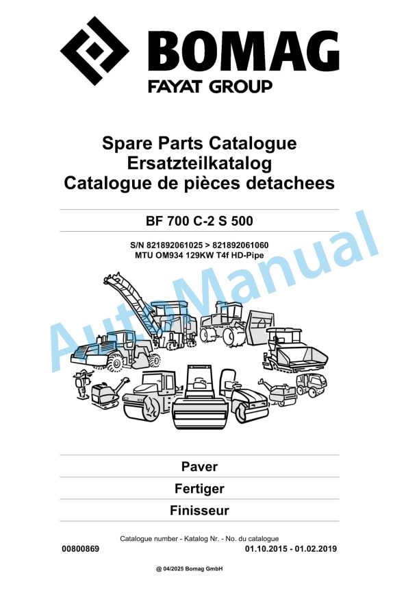 Bomag BF 700 C-2 S 500 Paver Spare Parts Catalogue 00800869