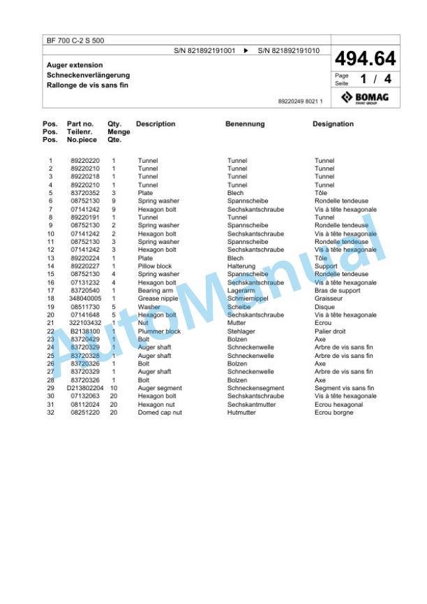 Bomag BF 700 C-2 S 500 Paver Spare Parts Catalogue 00800955 3 Bomag BF 700 C-2 S 500 Paver Spare Parts Catalogue 00800955-3