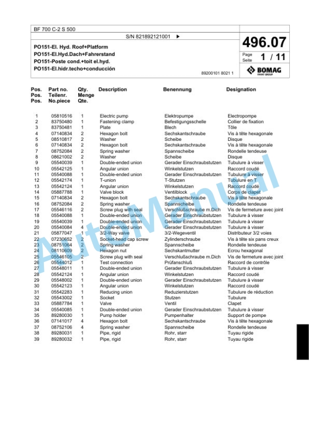 Bomag BF 700 C-2 S 500 Paver Spare Parts Catalogue 00824493 4 Bomag BF 700 C-2 S 500 Paver Spare Parts Catalogue 00824493-4