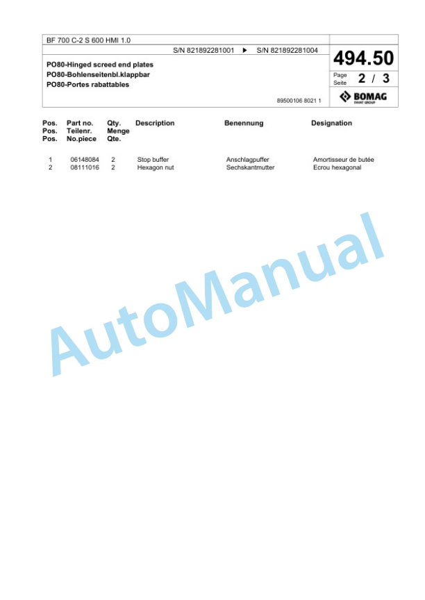 Bomag BF 700 C-2 S 600 HMI 1.0 Paver Spare Parts Catalogue 00825907 2 Bomag BF 700 C-2 S 600 HMI 1.0 Paver Spare Parts Catalogue 00825907-2