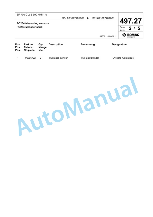 Bomag BF 700 C-2 S 600 HMI 1.0 Paver Spare Parts Catalogue 00825907 5 Bomag BF 700 C-2 S 600 HMI 1.0 Paver Spare Parts Catalogue 00825907-5