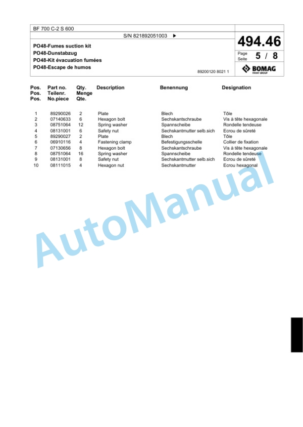 Bomag BF 700 C-2 S 600 Paver Spare Parts Catalogue 00800797 3 Bomag BF 700 C-2 S 600 Paver Spare Parts Catalogue 00800797-3