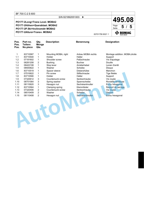 Bomag BF 700 C-2 S 600 Paver Spare Parts Catalogue 00800797 5 Bomag BF 700 C-2 S 600 Paver Spare Parts Catalogue 00800797-5