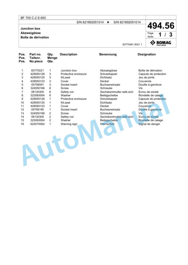 Bomag BF 700 C-2 S 600 Paver Spare Parts Catalogue 00800867 3 Bomag BF 700 C-2 S 600 Paver Spare Parts Catalogue 00800867-3