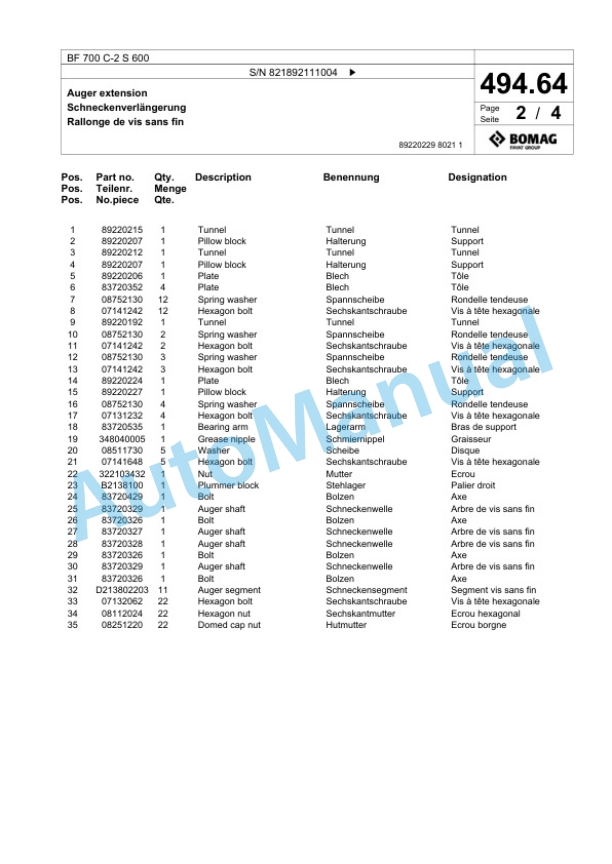 Bomag BF 700 C-2 S 600 Paver Spare Parts Catalogue 00800897 3 Bomag BF 700 C-2 S 600 Paver Spare Parts Catalogue 00800897-3