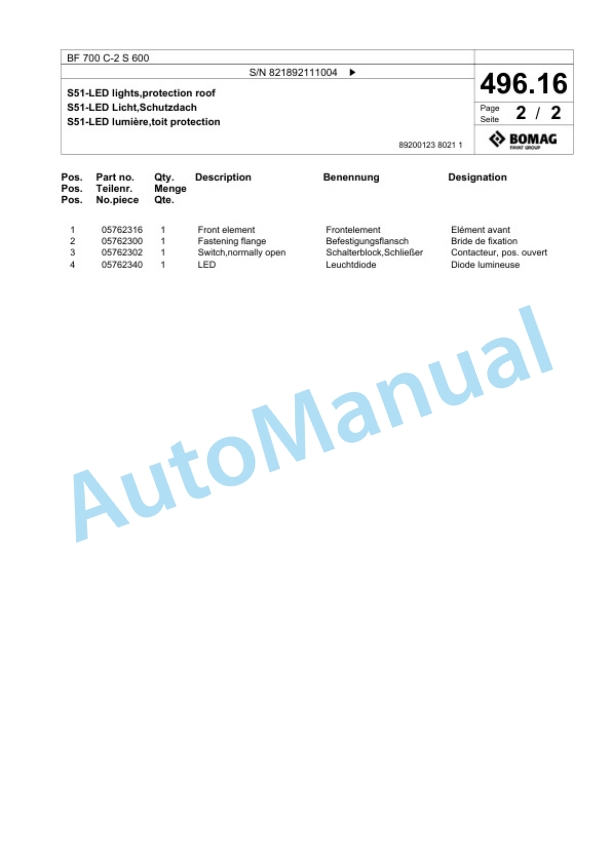Bomag BF 700 C-2 S 600 Paver Spare Parts Catalogue 00800897 5 Bomag BF 700 C-2 S 600 Paver Spare Parts Catalogue 00800897-5